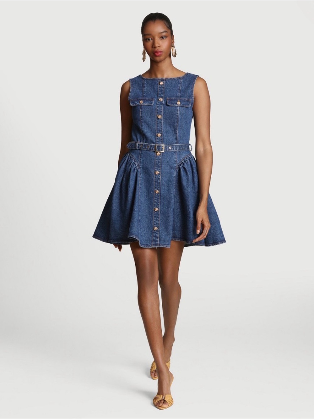 Avec Les Filles Sleeveless Belted Denim Mini Dress